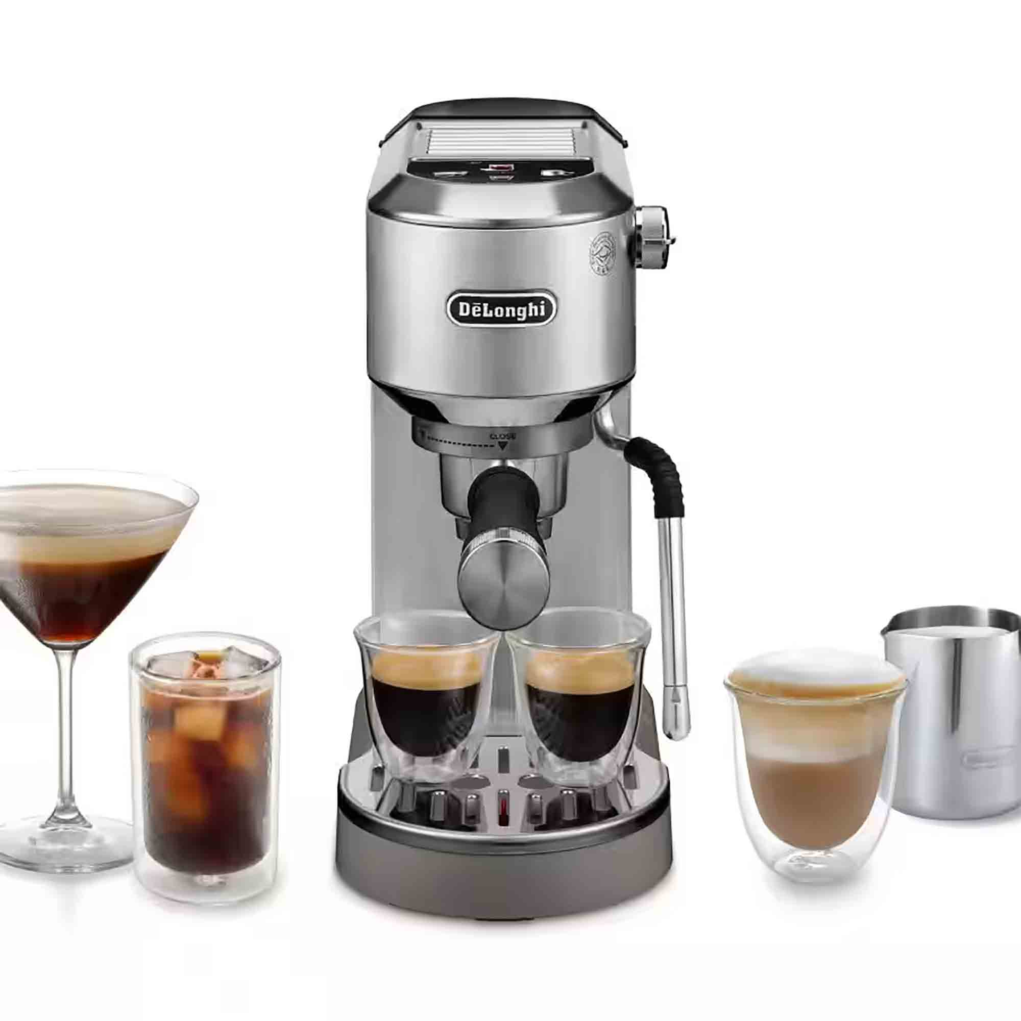 Delonghi EC890M Dedica Duo Espresso Machine with Advanced Milk Steam Wand & Cold Brew Option in Metal