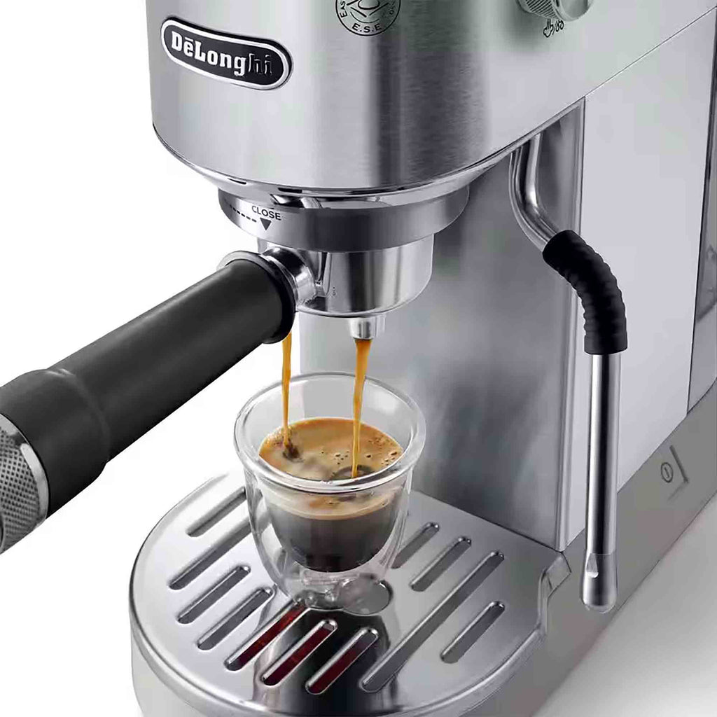 Delonghi EC890M Dedica Duo Espresso Machine with Advanced Milk Steam Wand & Cold Brew Option in Metal