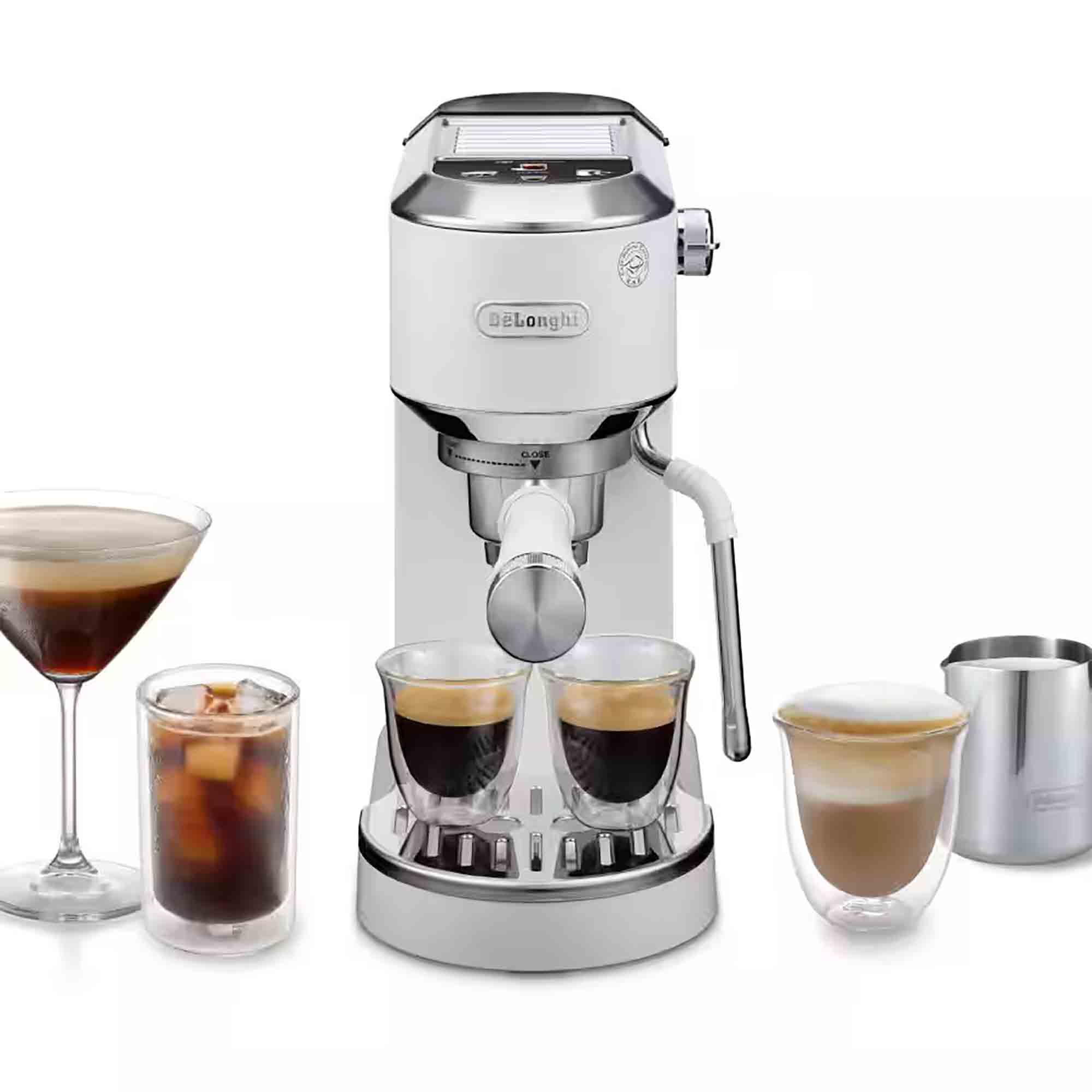 Delonghi EC890WI Dedica Duo Espresso Machine with Advanced Milk Steam Wand & Cold Brew Option in White