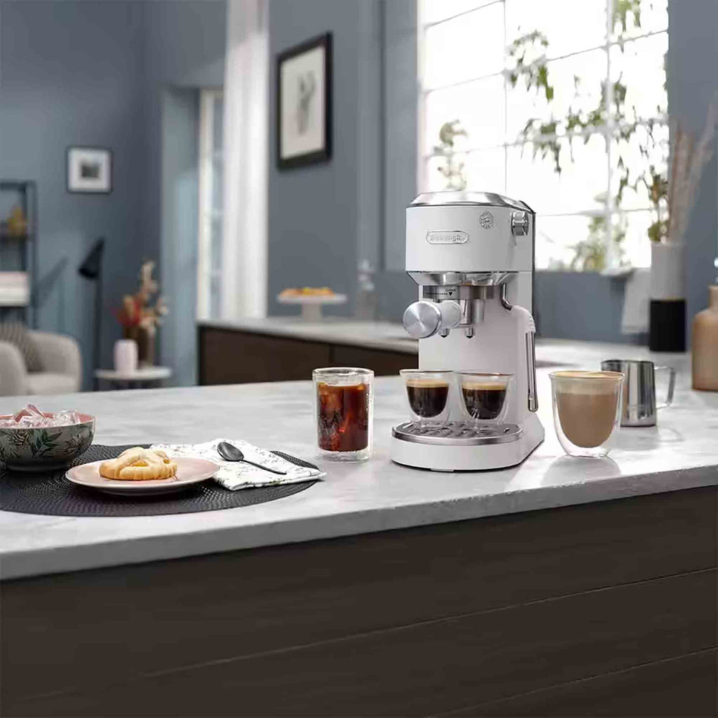 Delonghi EC890WI Dedica Duo Espresso Machine with Advanced Milk Steam Wand & Cold Brew Option in White