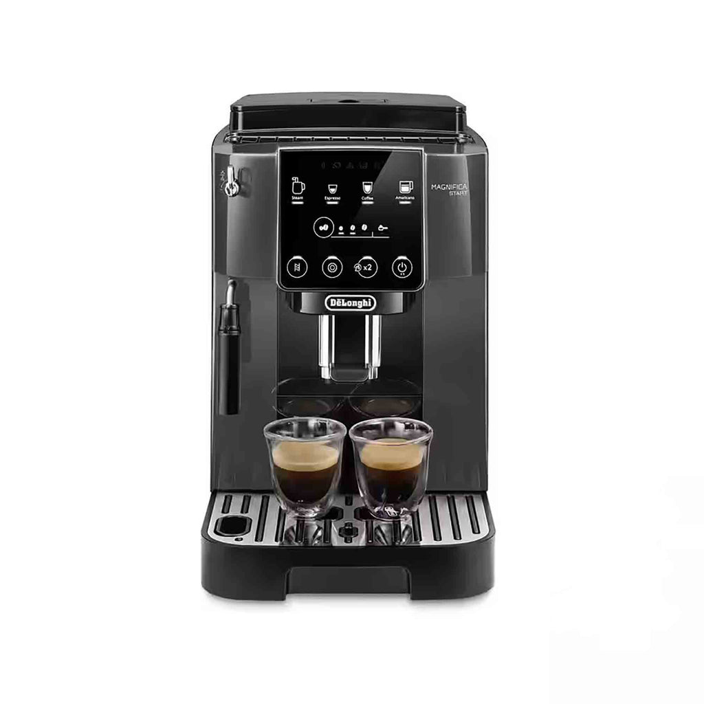 Black De'Longhi ECAM22022GB coffee machine with two espresso cups on a white background