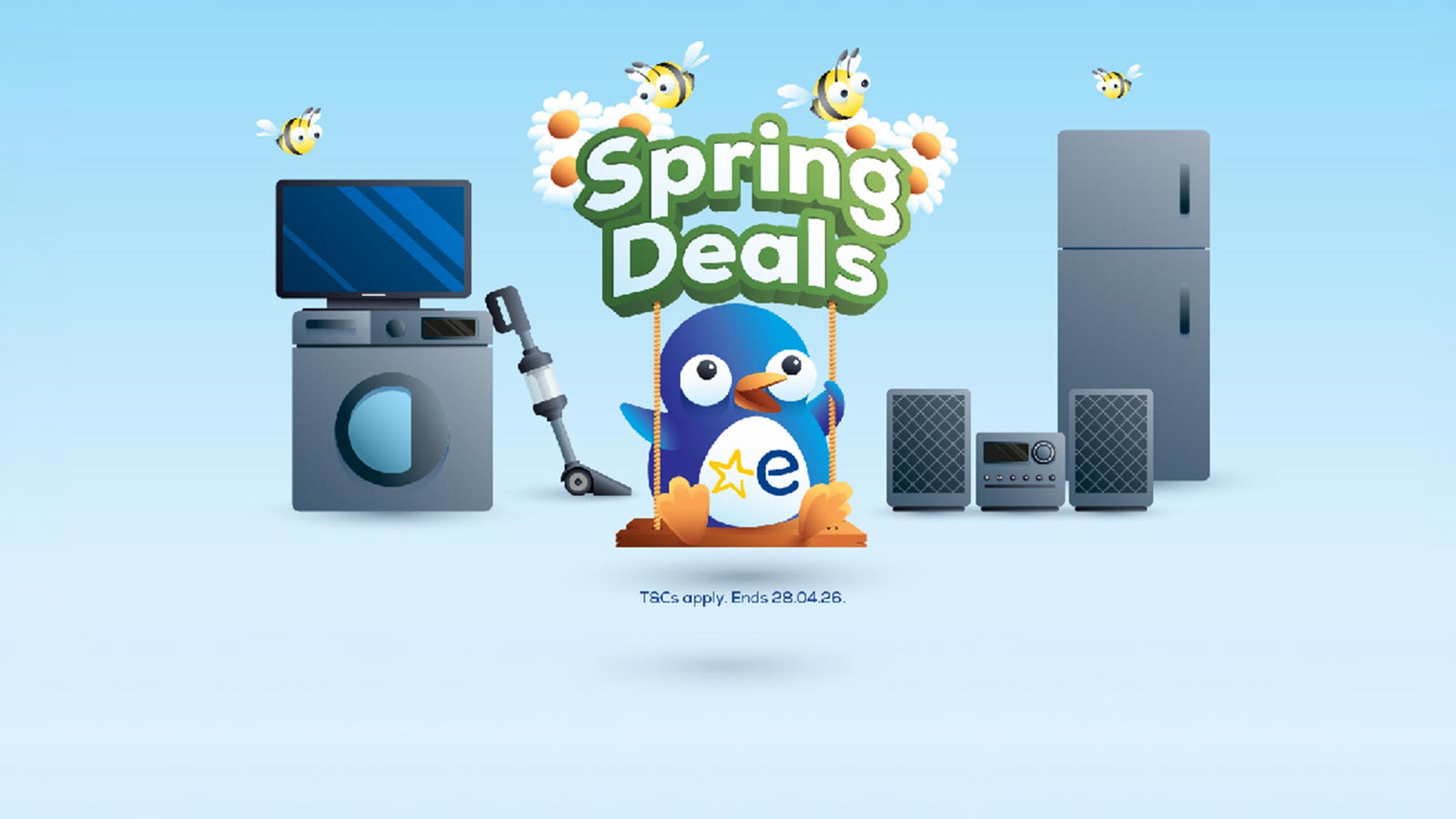 Spring Deals promotional graphic with appliances and a penguin character on a blue background