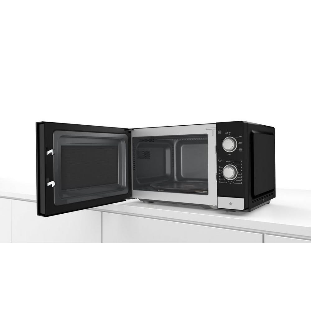 Black FFL020MS2B microwave oven with open door on a white background
