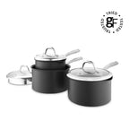 A 3-piece nonstick cookware set in matte black with stainless steel lids and handles, shown on a white background with a 'Tried Trusted GF' logo in the top right corner.