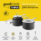 A 3-piece saucepan set with black non-stick cookware and silver hard-anodized lids and handles, shown on a yellow and white promotional background with text and feature icons.