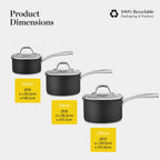 Product dimensions chart showing three black saucepans with lids in sizes 16cm, 18cm, and 20cm, with yellow size labels and text noting 100% recyclable packaging and product on a light gray background.