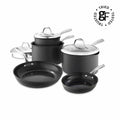 A 7-piece nonstick cookware set in matte black with stainless steel handles and lids, arranged on a white background. A circular 'Tried Tested' logo is visible in the top right corner.