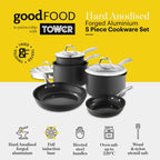 A 5-piece cookware set with black hard-anodised aluminum pots and pans, shown on a split yellow and white background with product text and feature icons.