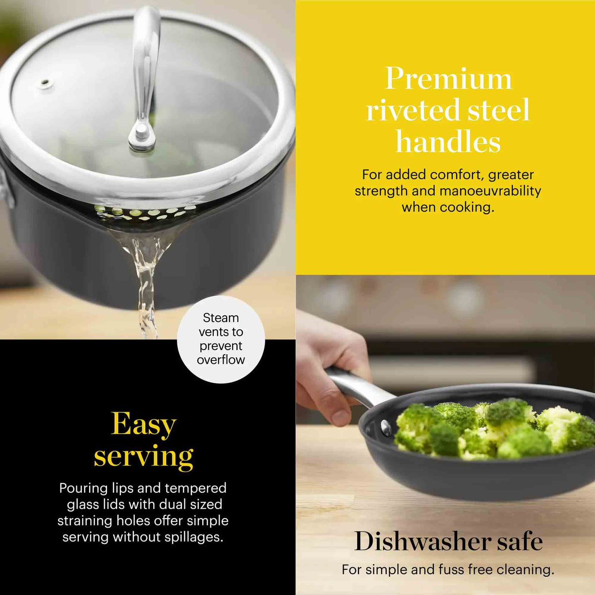 A multi-panel marketing graphic for a dark gray non-stick saucepan with a glass lid. The top-left panel shows the lid with steam venting over the pot.