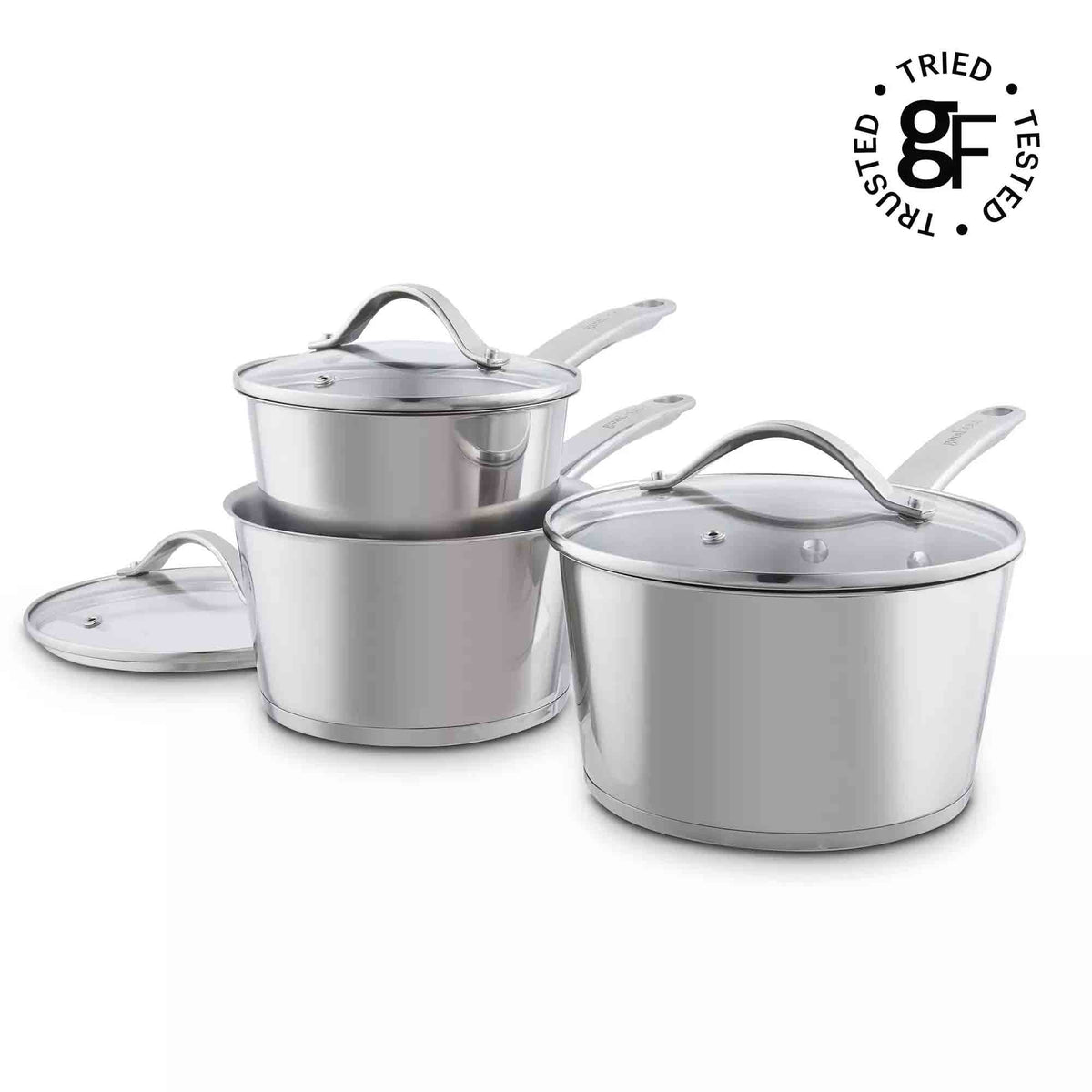 Three-piece stainless steel cookware set with glass lids, including a deep pot, a saucepan, and a smaller pot, shown on a white background with a 'Tried Tested' logo in the top right corner.