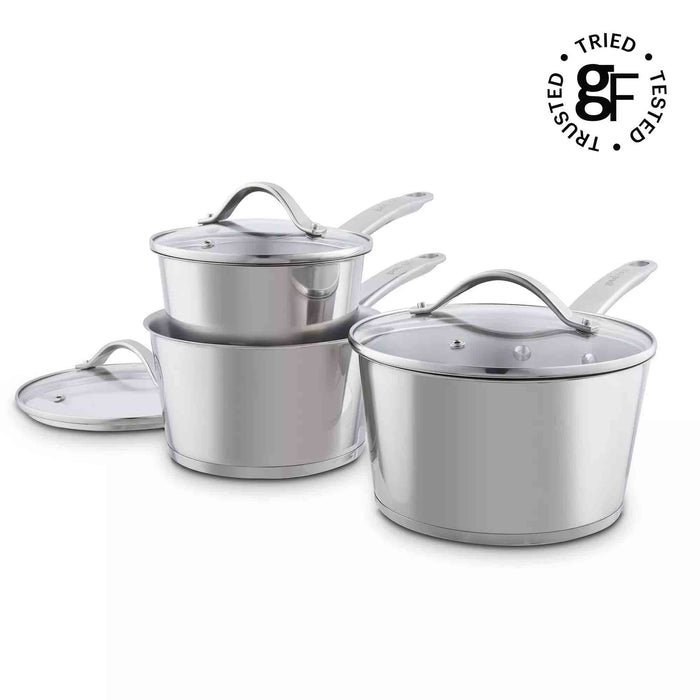 Three-piece stainless steel cookware set with glass lids, including a deep pot, a saucepan, and a smaller pot, shown on a white background with a 'Tried Tested' logo in the top right corner.