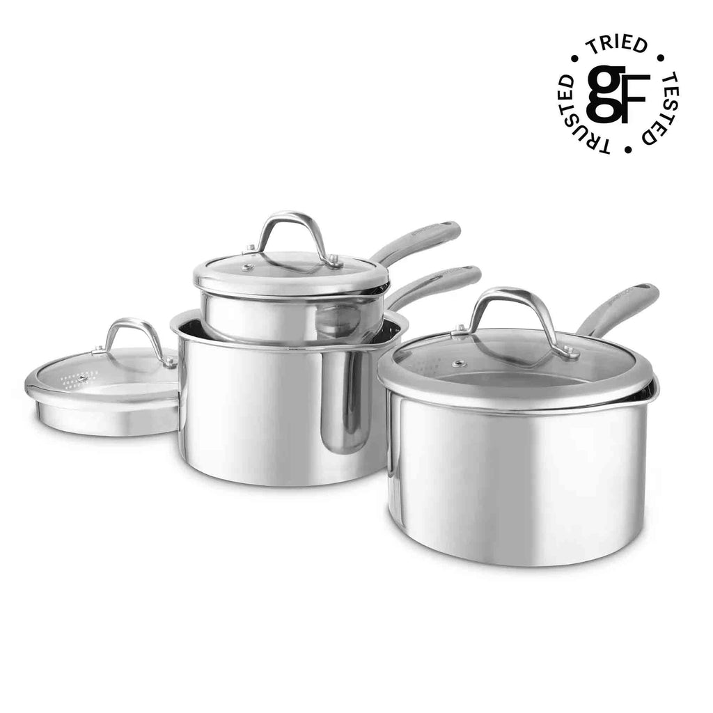 Three stainless steel saucepans with glass lids nested together on a white background, featuring a 'Tried Tested' logo in the top right corner.