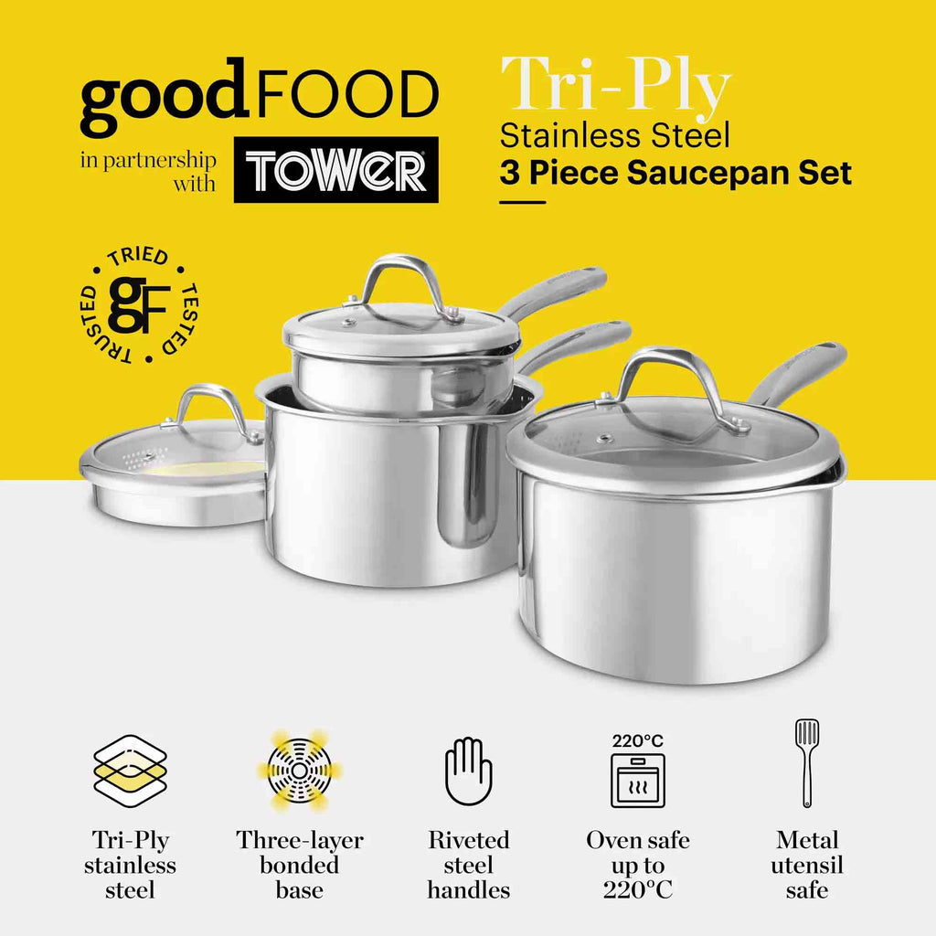 A 3-piece stainless steel saucepan set with lids, shown on a split yellow and white background with marketing text and feature icons. The set includes two pots and one deeper pot, all in tri-ply stainless steel with riveted handles.