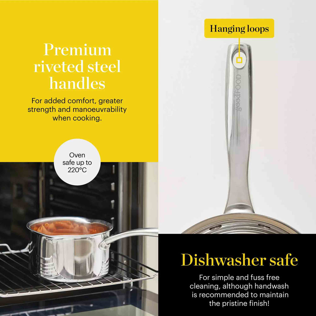 Promotional graphic for a stainless steel saucepan handle, showing a close-up of the handle, a small saucepan on an oven rack, and text callouts reading 'Premium riveted steel handles,' 'Hanging loops,' and 'Dishwasher safe.'.