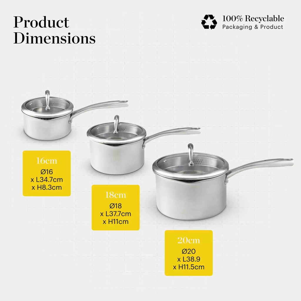 Product dimensions chart showing three stainless steel saucepans with lids in 16cm, 18cm, and 20cm sizes on a light gray background, with yellow size labels and a 100% recyclable badge.