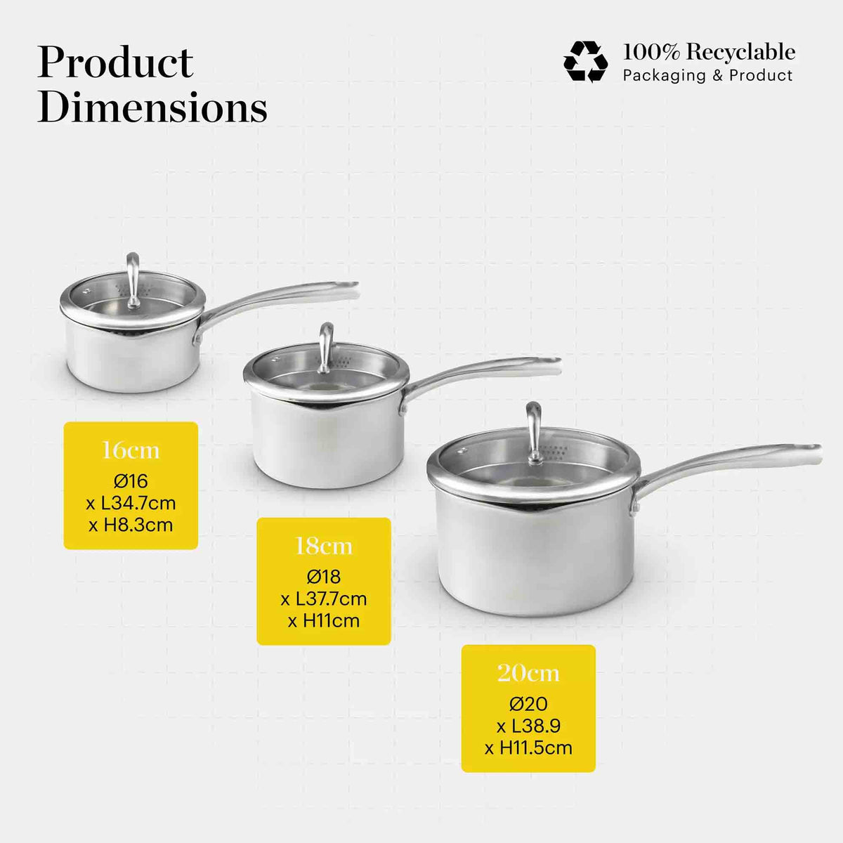 Product dimensions chart showing three stainless steel saucepans with lids in 16cm, 18cm, and 20cm sizes on a light gray background, with yellow size labels and a 100% recyclable badge.