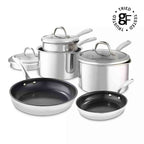 A 7-piece stainless steel cookware set with glass lids and non-stick dark interior pans, shown on a white background with a 'Tried Tested' badge in the top right corner.