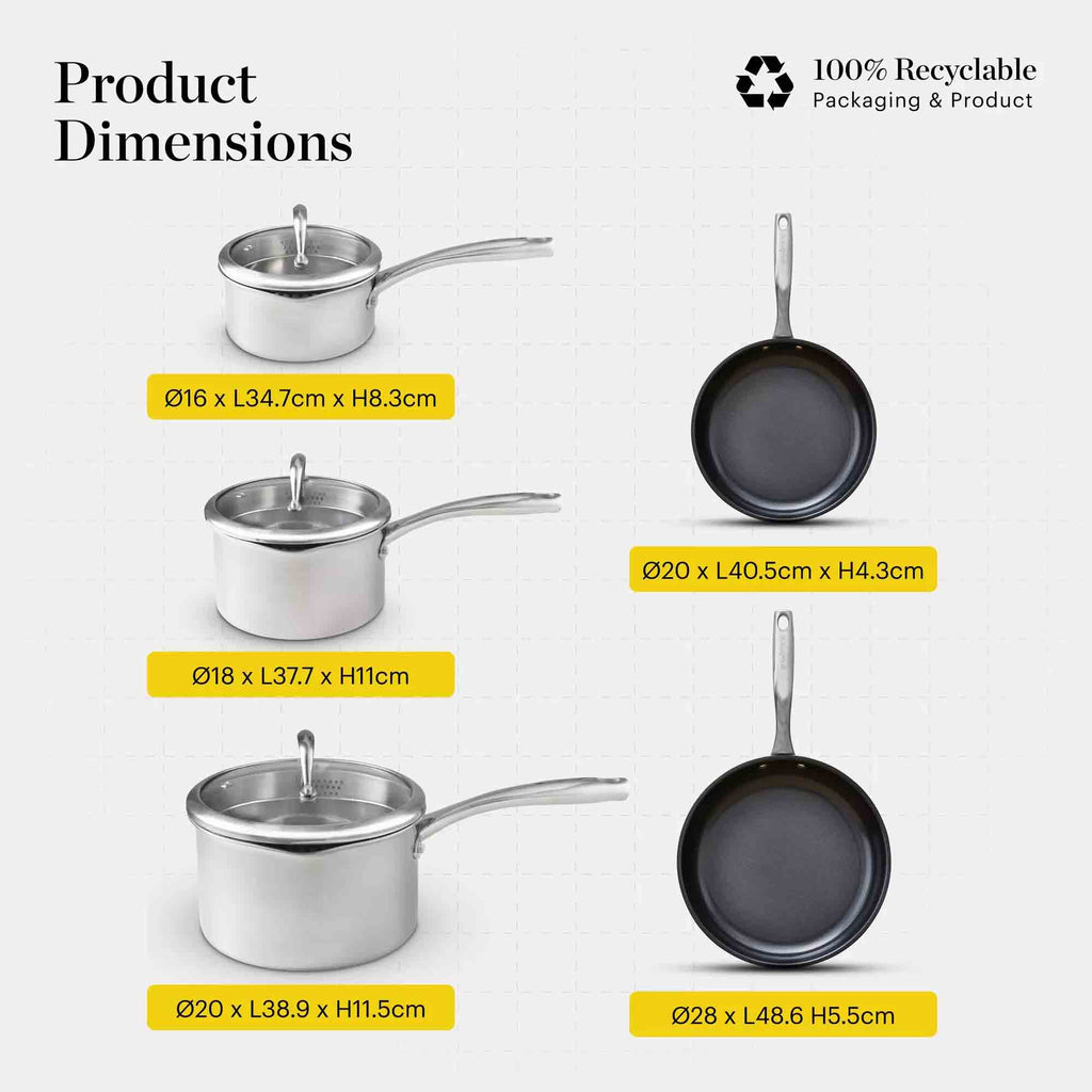 Product dimensions chart showing four stainless steel saucepans with lids and two black frying pans, each labeled with diameter, length, and height measurements on a light gray background.