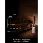 Air purifier in a bedroom with a digital display showing air quality, next to a person sleeping.