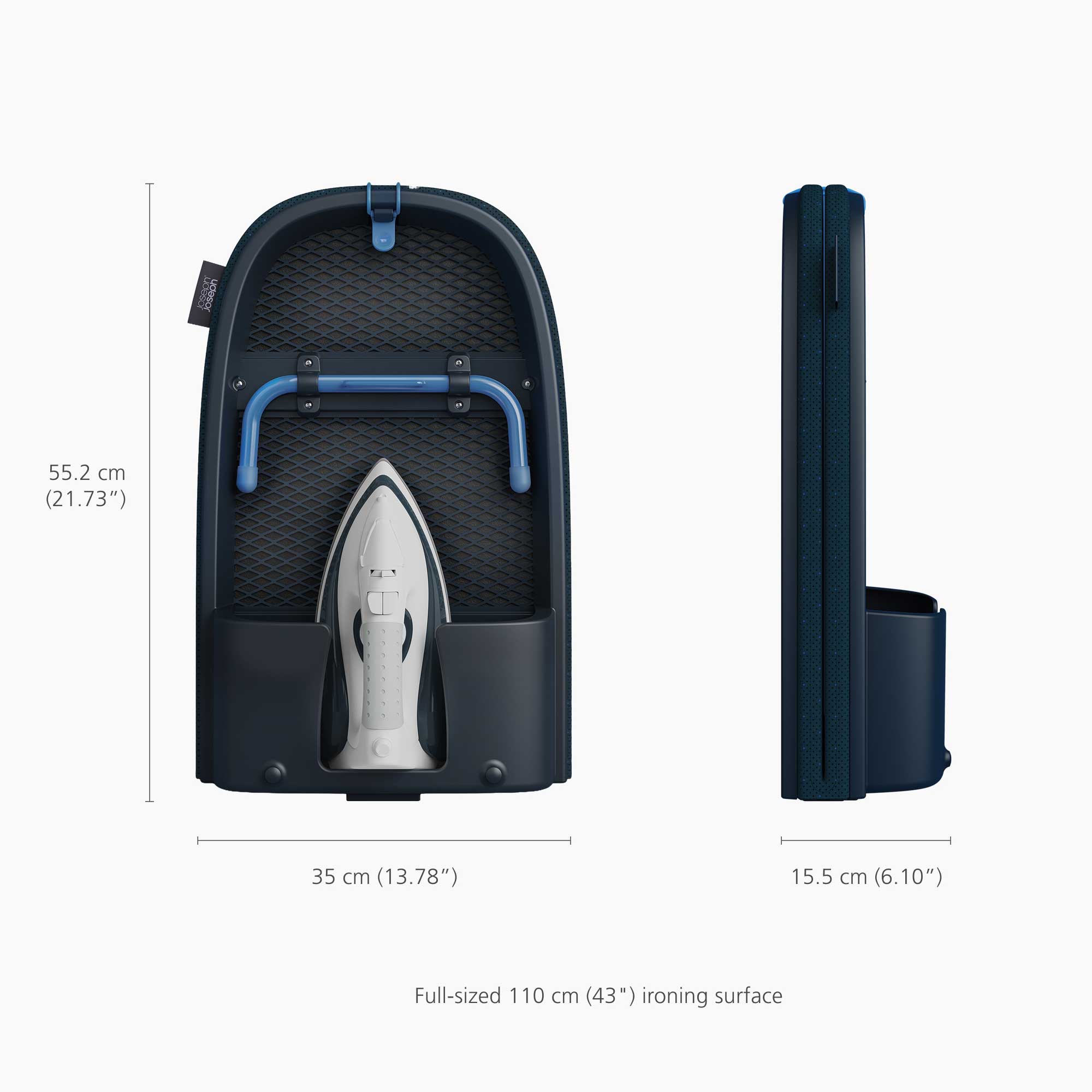 Portable ironing board with iron with dimensions displayed on a white background