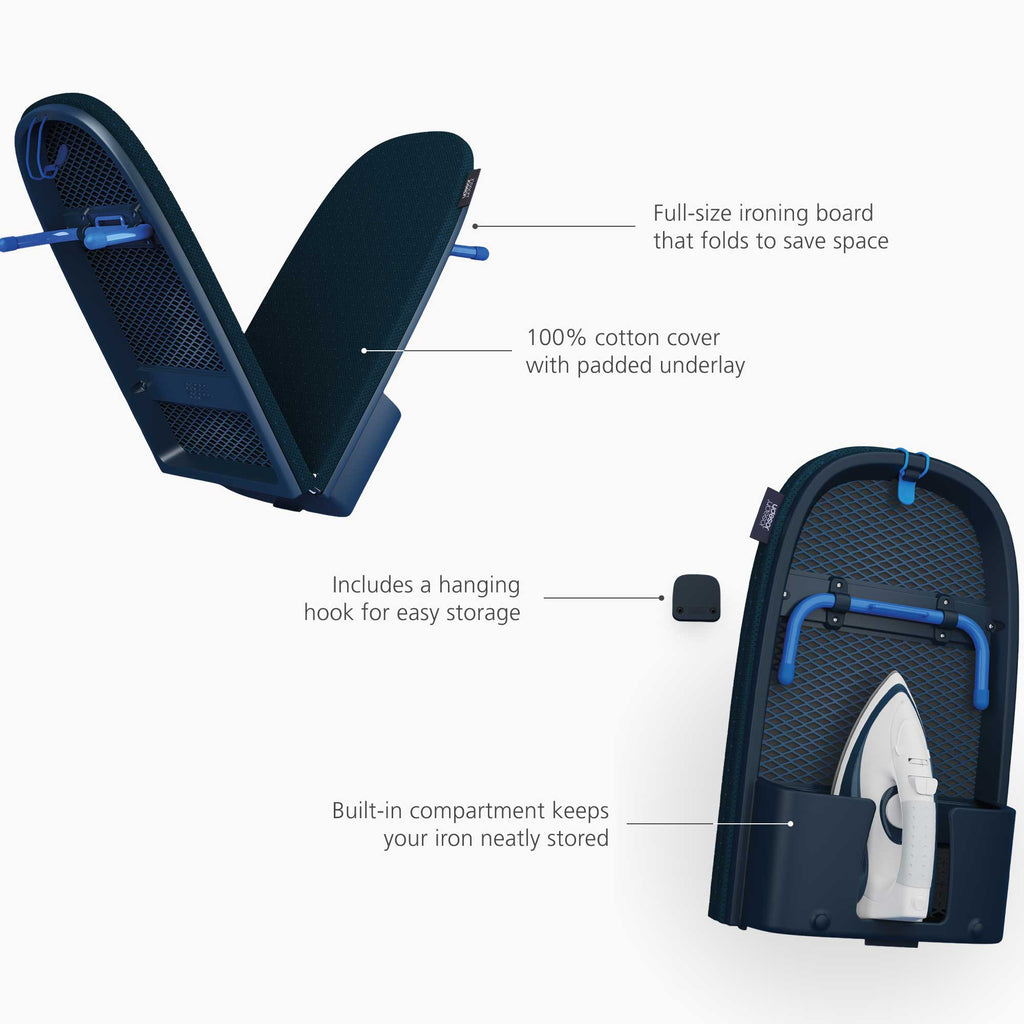 Portable ironing board with features highlighted on a white background