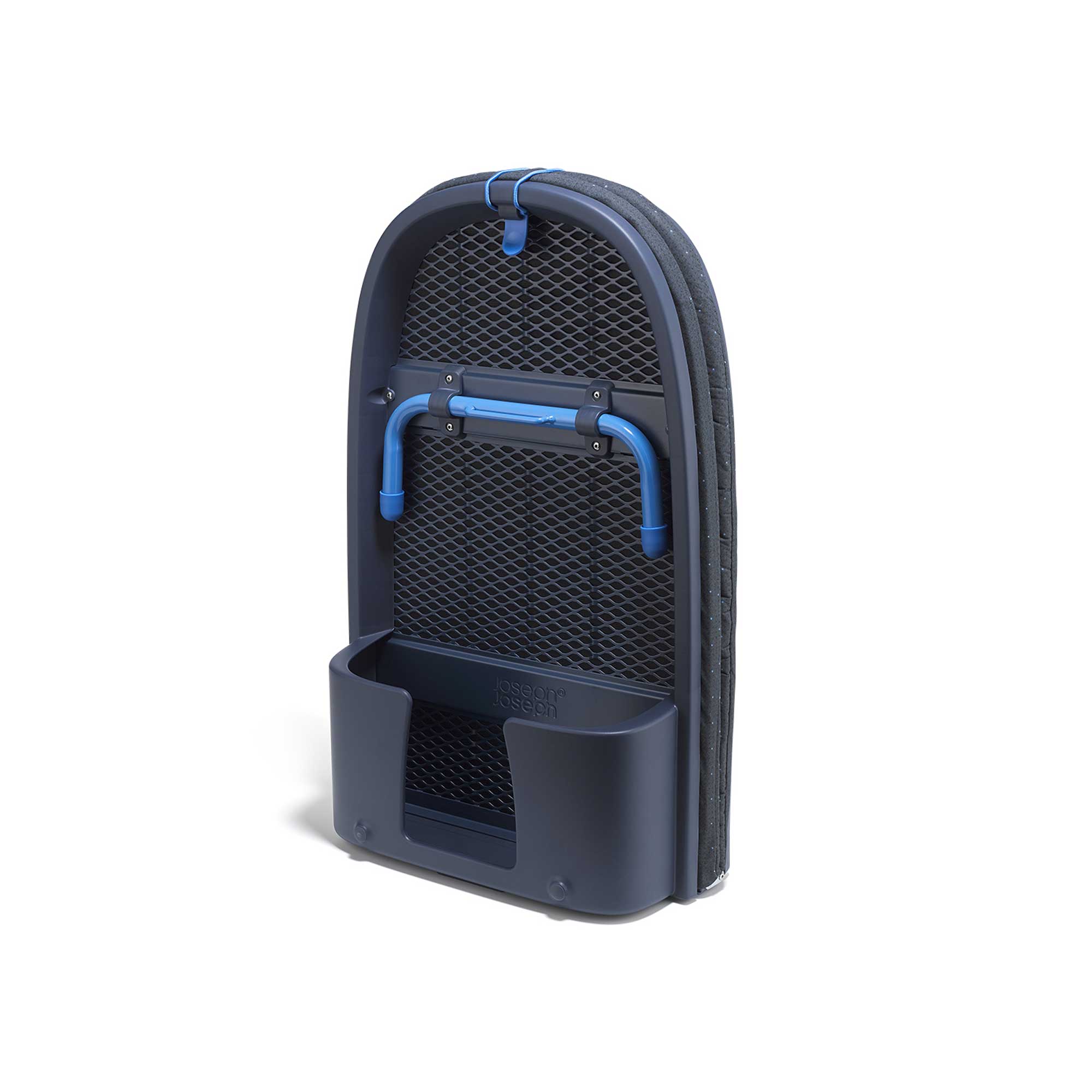 Blue and grey plastic foldable ironing board with mesh design on a white background