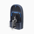 Blue and gray ironing board with an iron on a white background