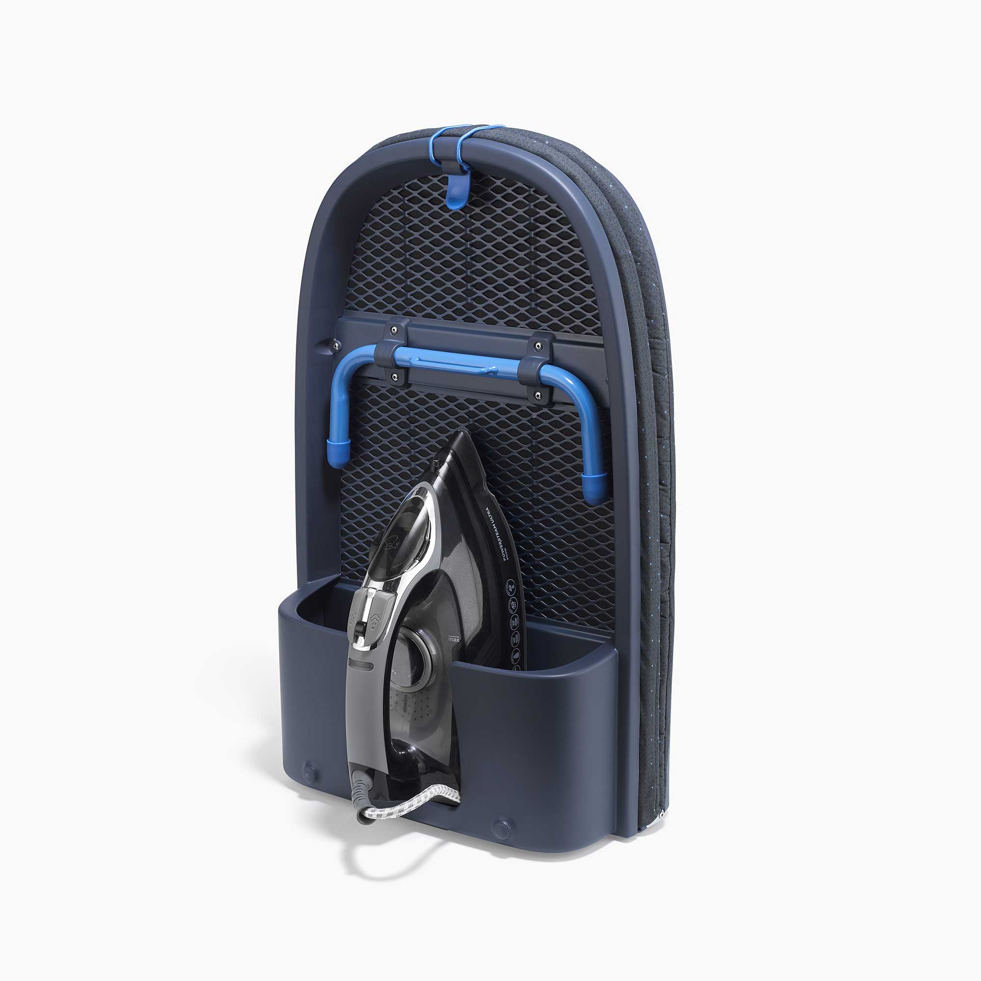 Blue and gray ironing board with an iron on a white background