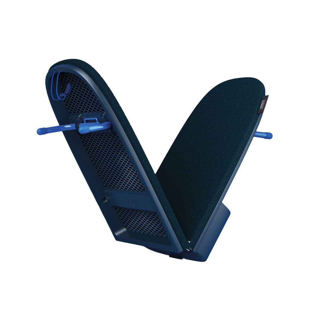 Half folded blue ironing board on a white background