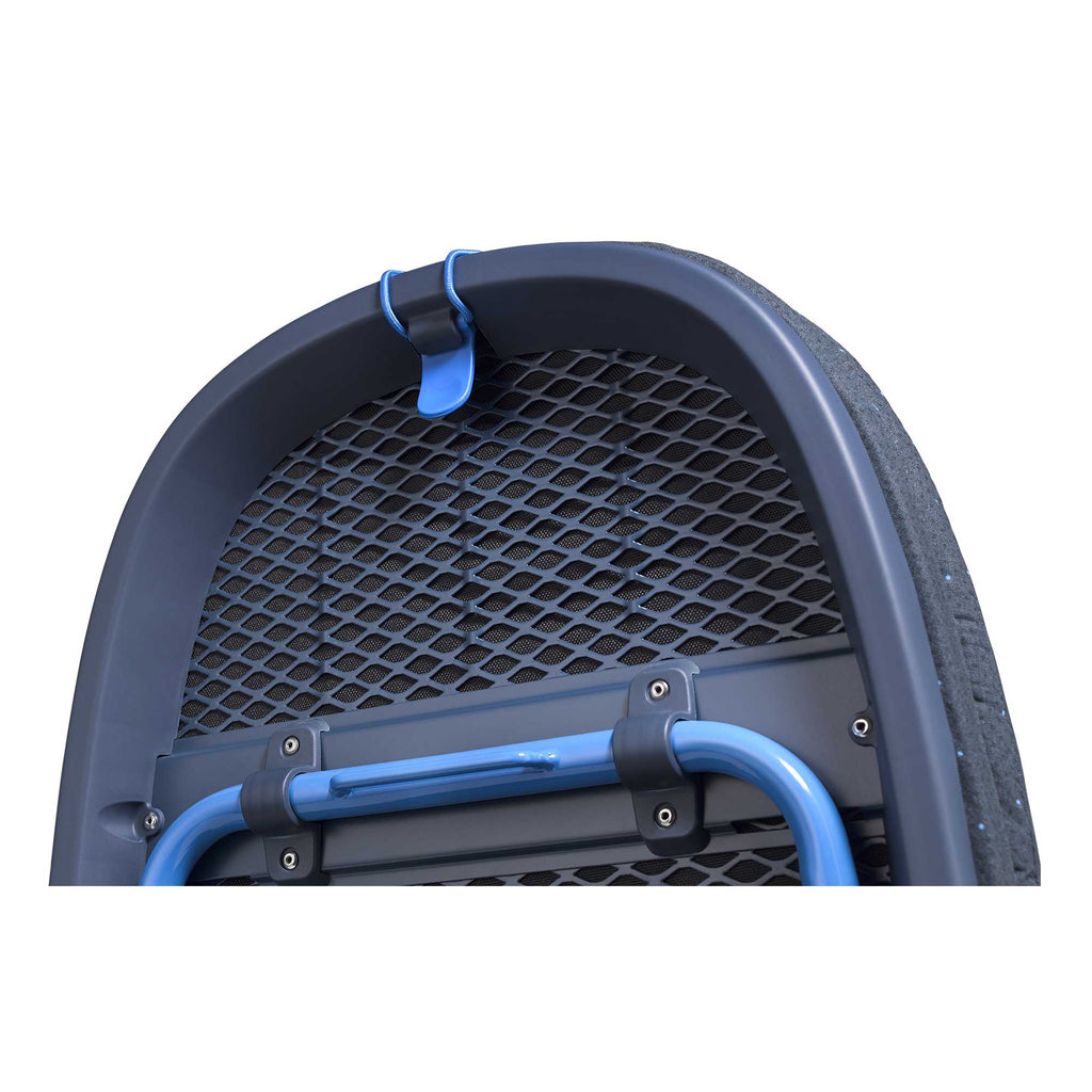 Top of blue ironing board with mesh back on a white background