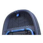 Top of blue ironing board with mesh back on a white background