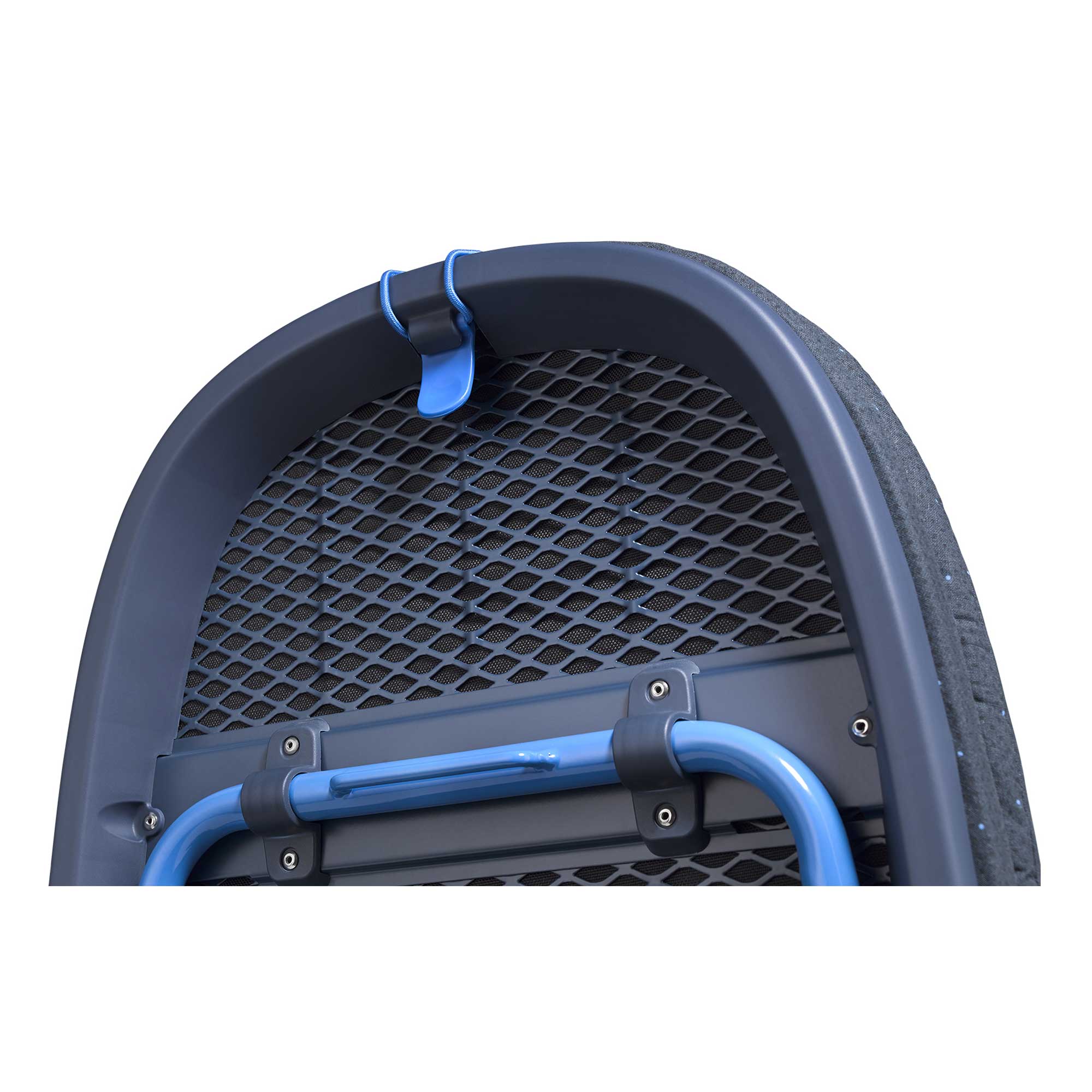Top of blue ironing board with mesh back on a white background