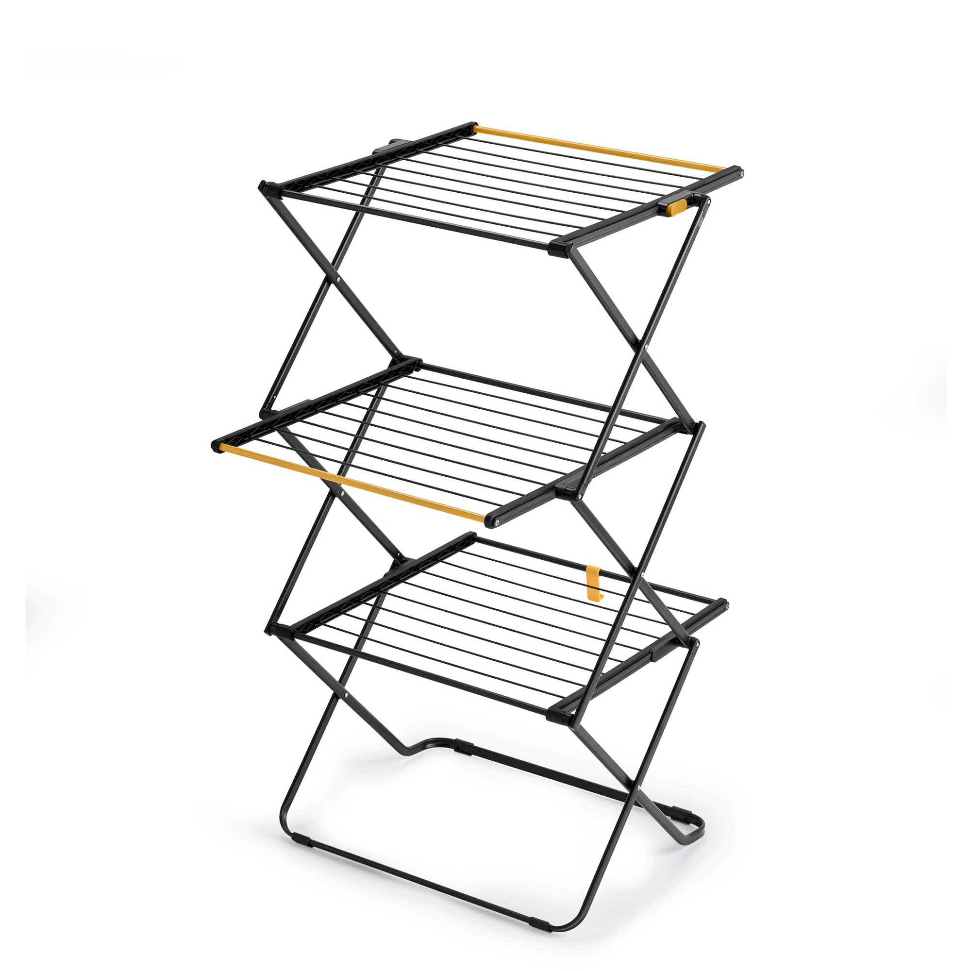 Three-tier metal drying rack with yellow accents on a white background