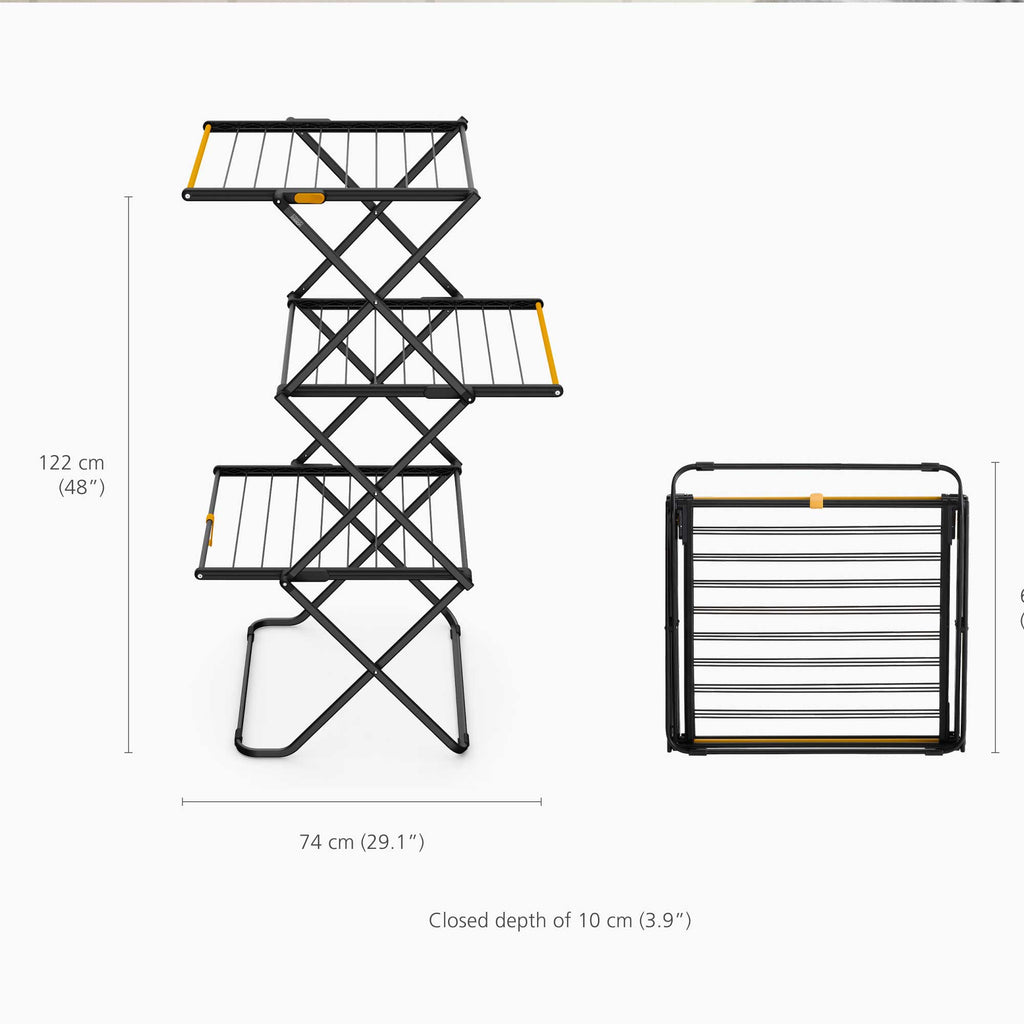 Foldable metal clothes drier with dimensions on a white background