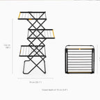 Foldable metal clothes drier with dimensions on a white background
