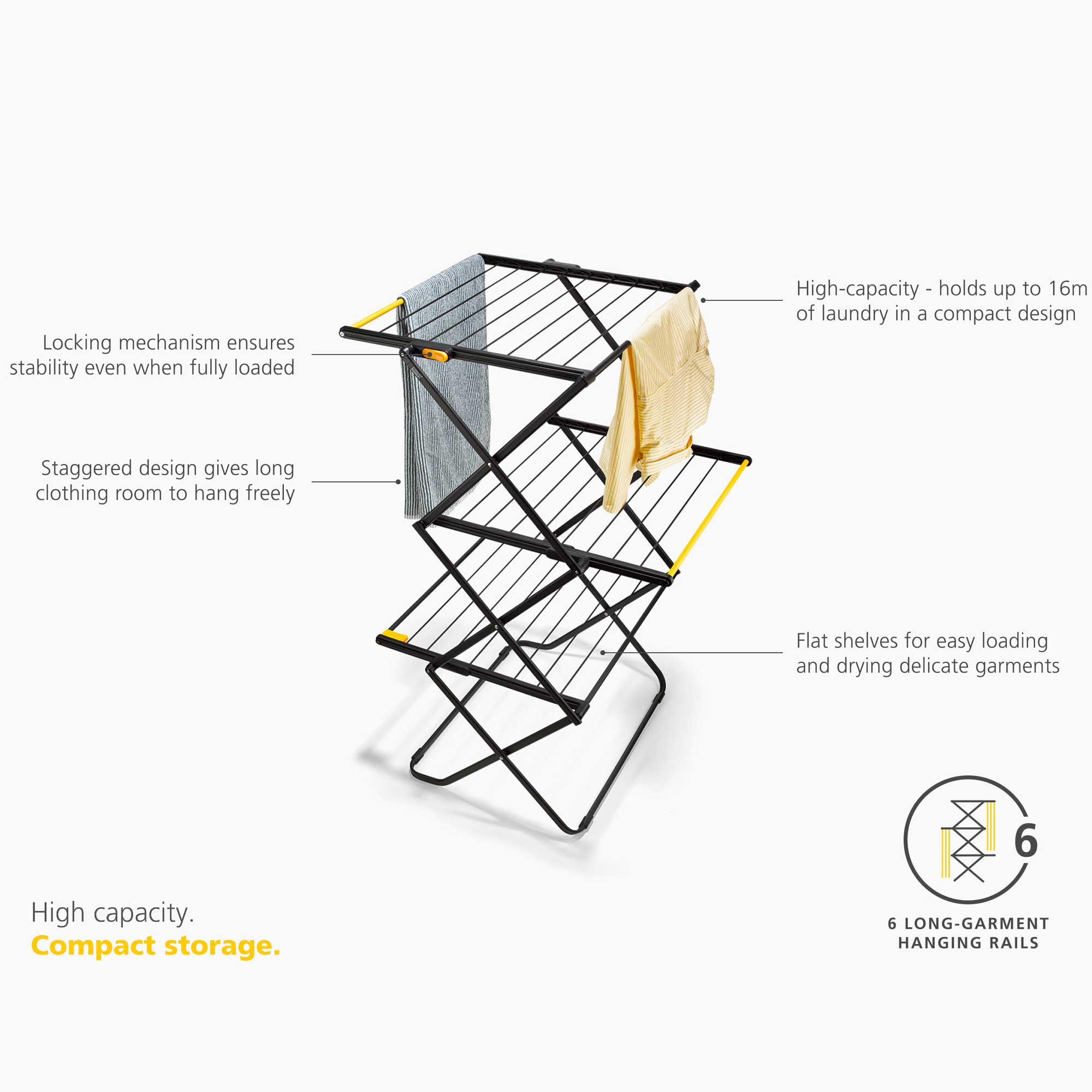 Foldable laundry rack with features highlighted on a white background