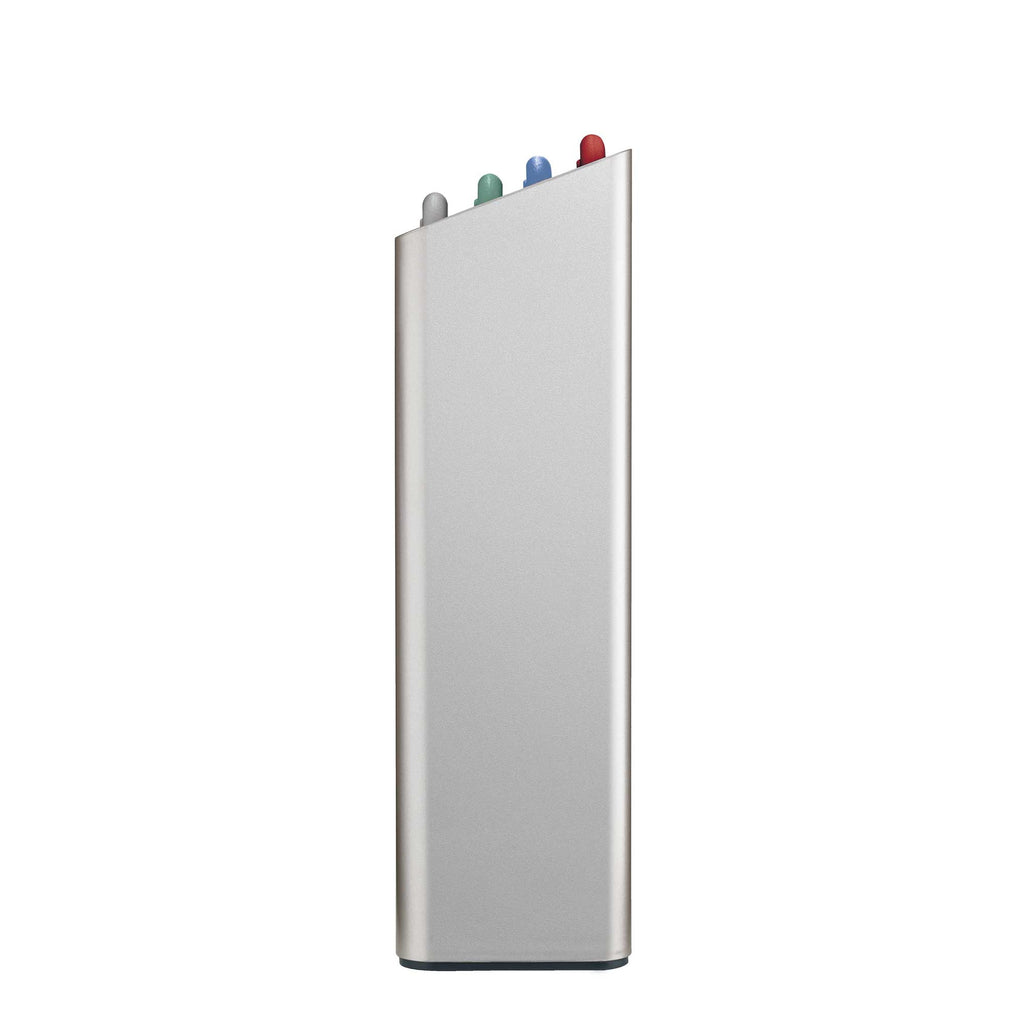 Side view of a silver chopping board set with colourful boards on a white background