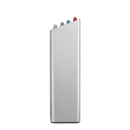 Side view of a silver chopping board set with colourful boards on a white background