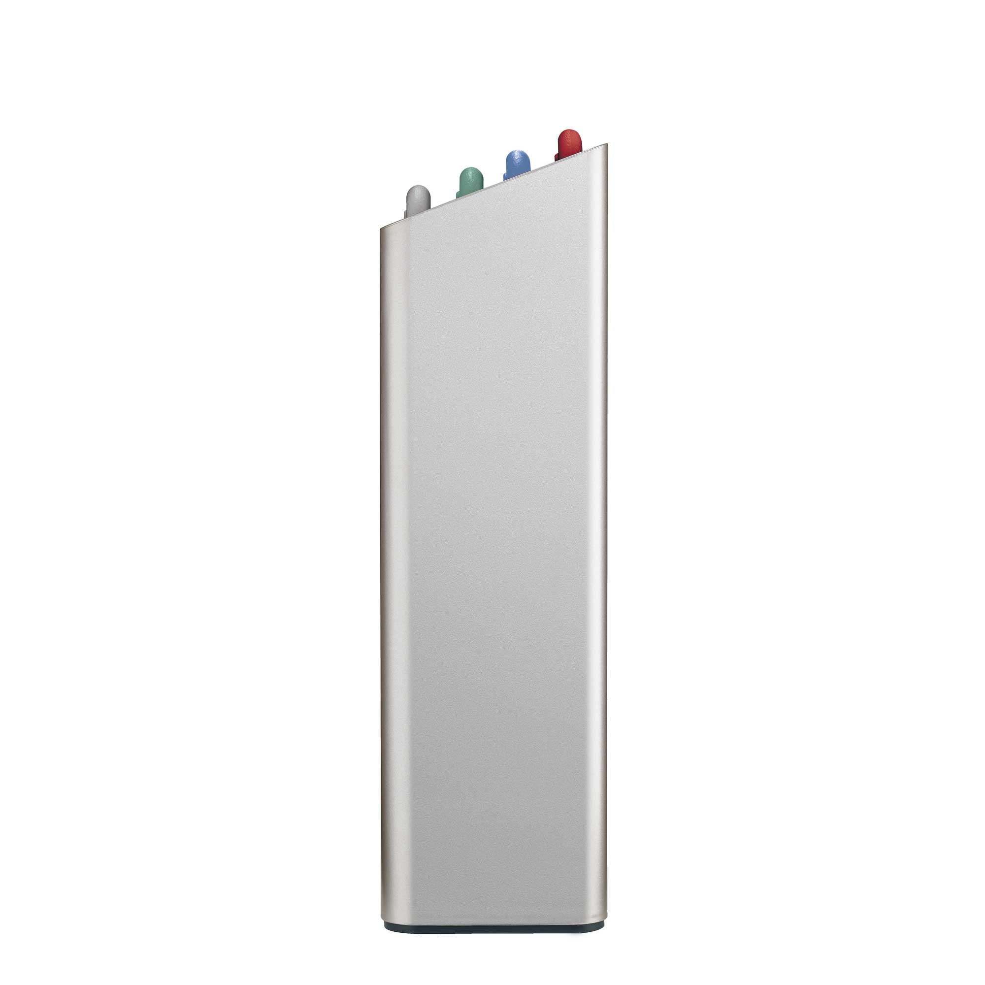 Side view of a silver chopping board set with colourful boards on a white background