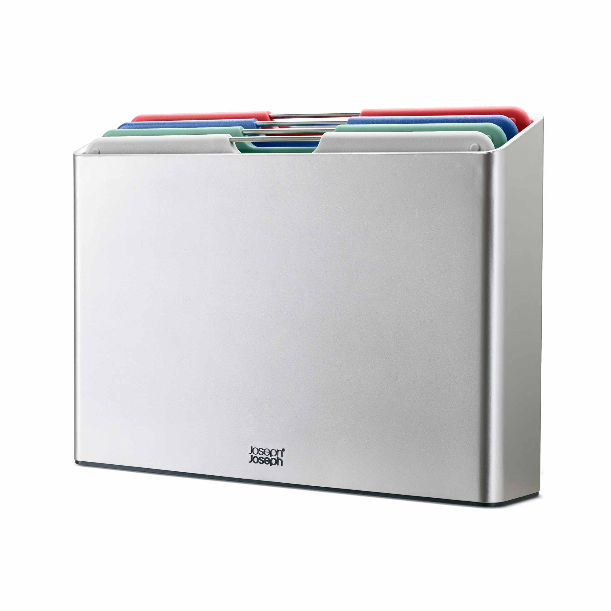 Stainless steel chopping board set with colourful boards on a white background
