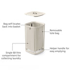 Beige laundry basket with features labeled on a white background
