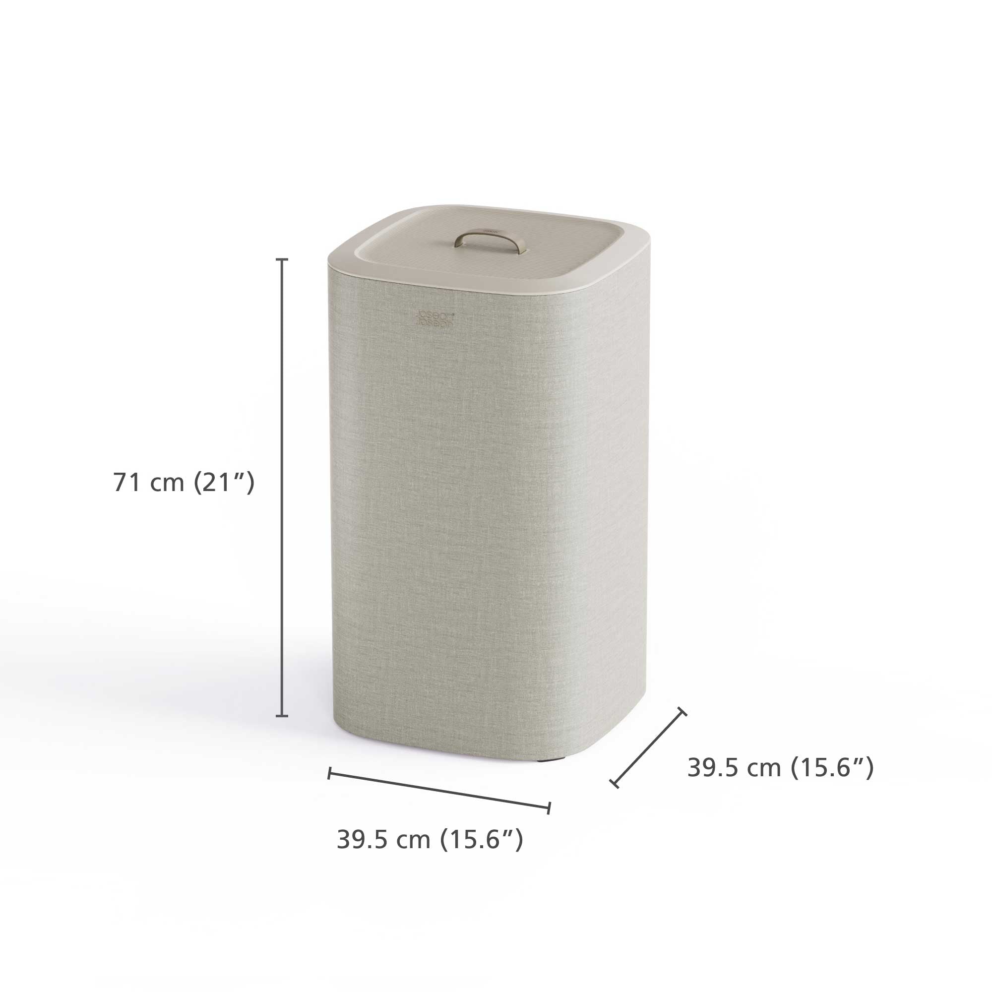 Ecru laundry bin with dimensions labeled on a white background