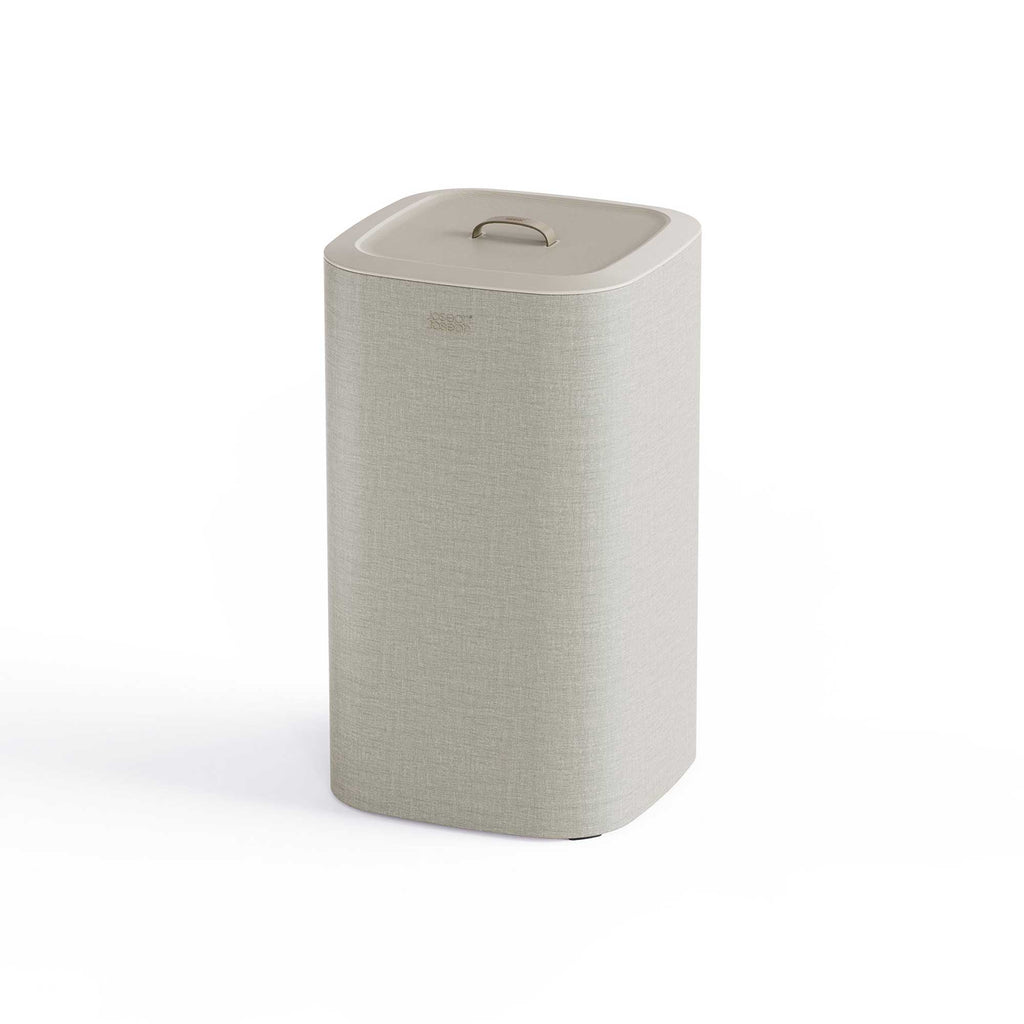 Ecru laundy bin with a lid on a white background