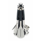 Set of kitchen utensils with black handles on a white background