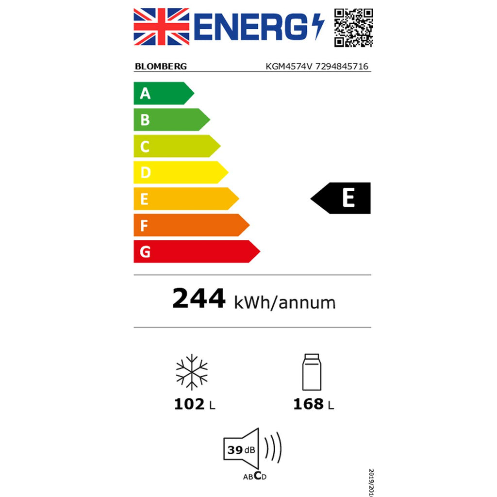 Blomberg KGM4574V 182cm Tall Fridge Freezer, 168 Litre Fridge, 102 Litre Freezer, Frost Free, 55cm Wide, White