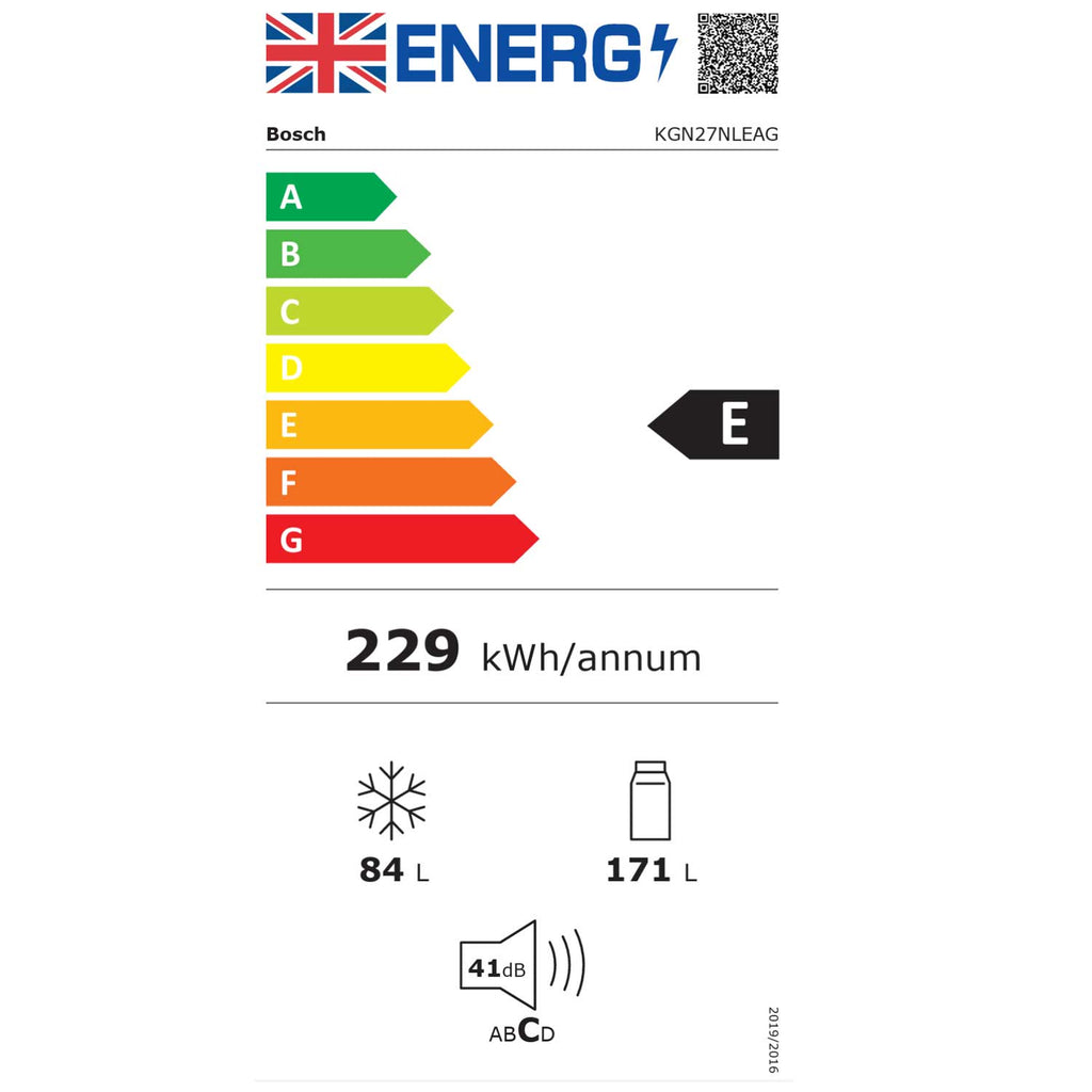 Bosch KGN27NLEAG 182cm Tall Fridge Freezer, 171L Fridge, 84L Freezer, 55cm Wide, Frost Free, Silver
