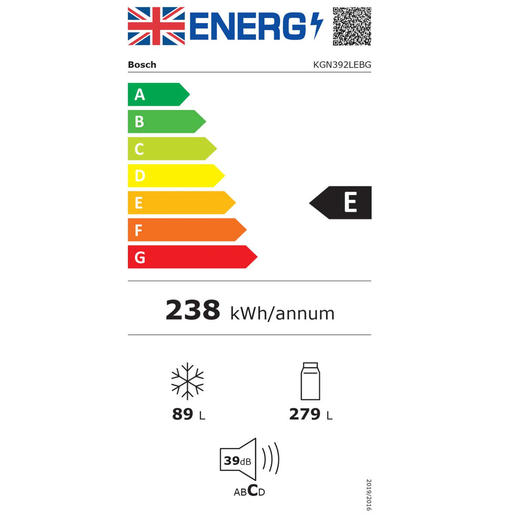Bosch KGN392LEBG 203cm Tall Fridge Freezer, 279L Fridge, 89L Freezer, 60cm Wide, Frost Free, Stainless Steel Look