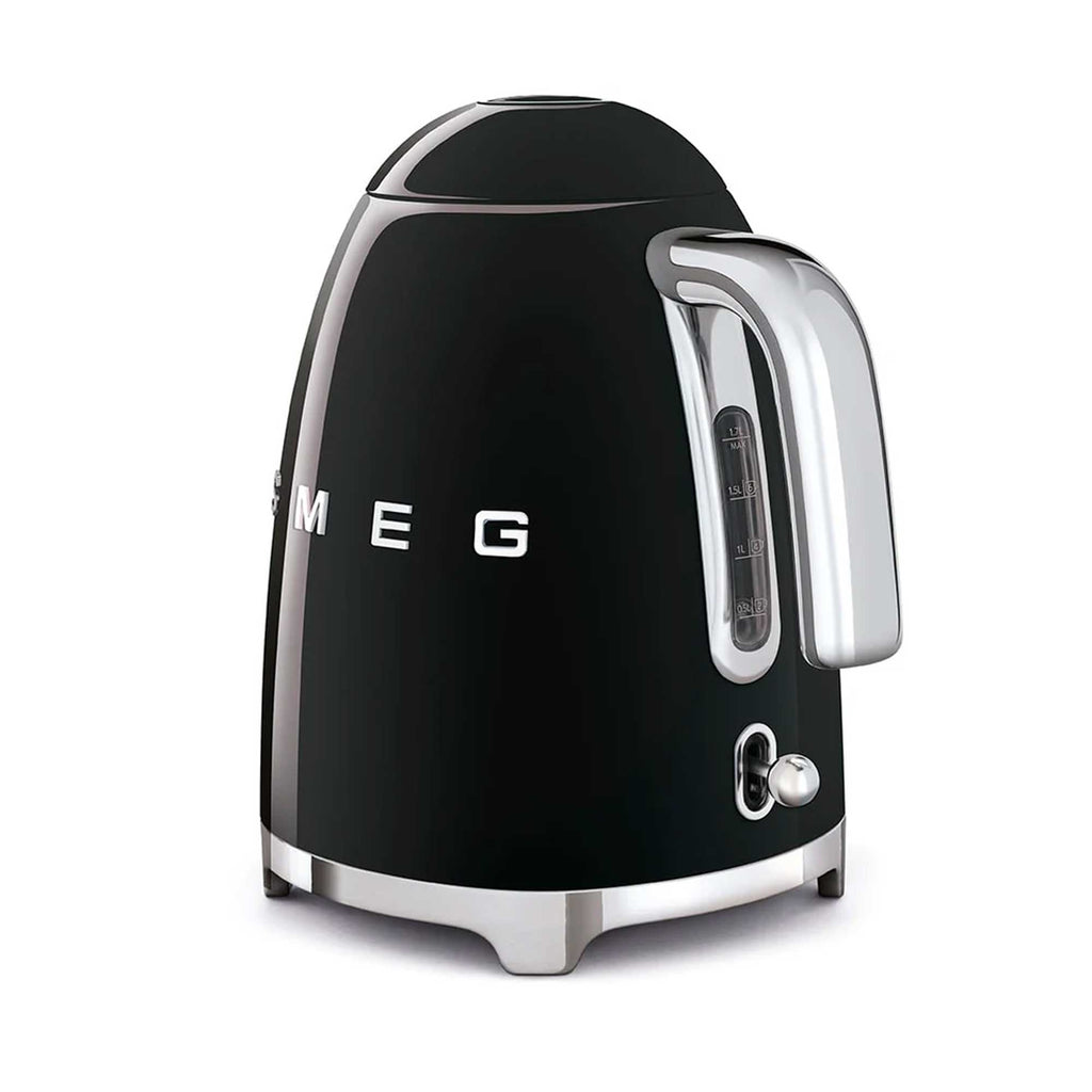 Black Smeg kettle with chrome accents on a white background