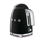 Black Smeg kettle with chrome accents on a white background