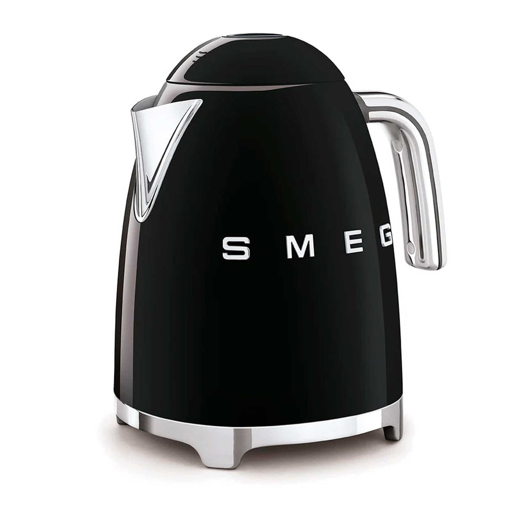 Black Smeg kettle with chrome accents on a white background